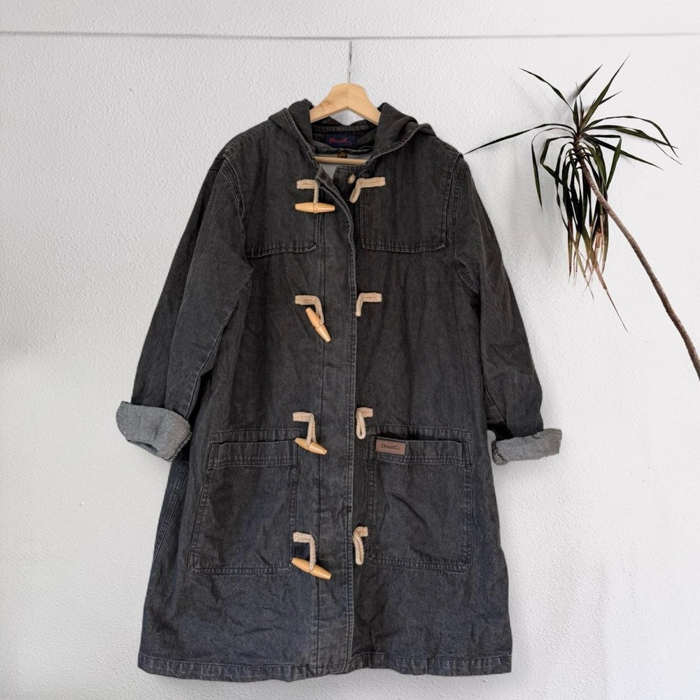 Vintage Black Denim Hooded Toggle Barn Coat